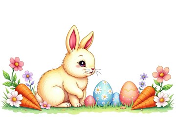 Adorable Easter bunny coloring page featuring carrots, eggs, and spring flowers Perfect for kids!, download, printable