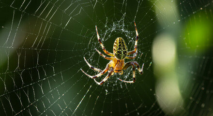 Close up of spider web with water droplets glistening, delicate natural patterns in nature at sunrise.