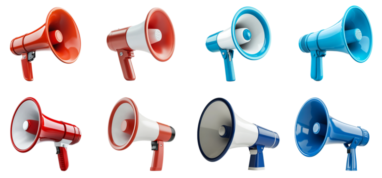 Set of Red and Blue Megaphones with White Accents Isolated on Transparent Background, PNG, Cutout