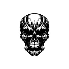 Detailed line art human skull illustration with elaborate abstract patterns and dramatic stylized elements vector design