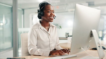 Office, customer service and black woman on computer for contact us, crm support and consulting....