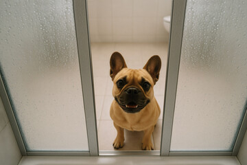French Bulldog Peeking Through a Fogged Shower Door in a Bright Modern Bathroom