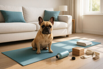 French Bulldog Interrupts Yoga Session with Spilled Water on Mat in Cozy Living Room