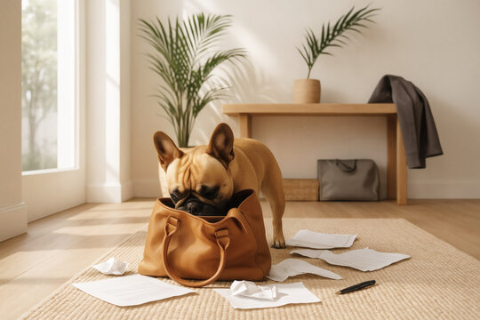 rench Bulldog Making a Mess with a Work Bag in a Stylish Entryway