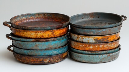 Two stacks of vintage rusty metal pans.