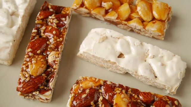 Different types of turr&oacute;n, a spanish nougat confection, lie on a table, showcasing their textures and ingredients.