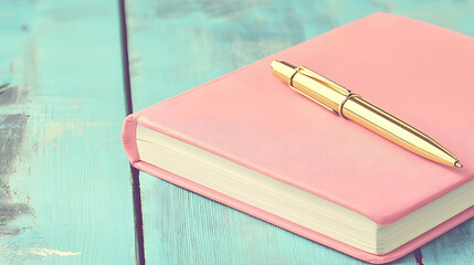 Pink diary with gold pen on rustic blue wood; planning, journaling, organization; background blurred