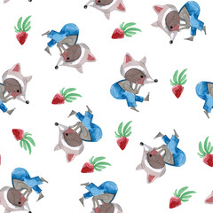 seamless pattern with small funny raccoon
