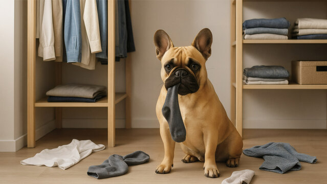 rench Bulldog Sitting in Closet with Clothes Scattered on Floor and Sock in Mouth