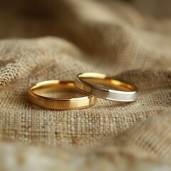 Wedding ringsgold and silverpositioned on rustic burlap, representing marriage bond and eternal partnership