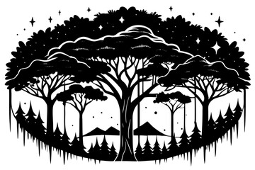 Enchanted forest landscape silhouette vector illustration