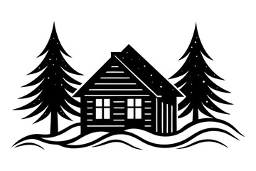 Fototapeta premium Cabin in winter landscape silhouette vector illustration