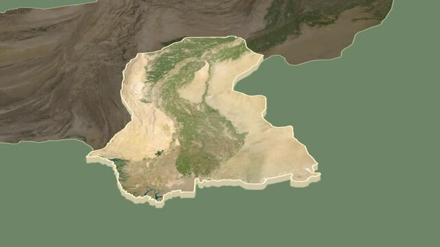Sind - region of Pakistan, extruded. Satellite map