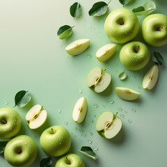 Green apples and apple slices lie on a green background