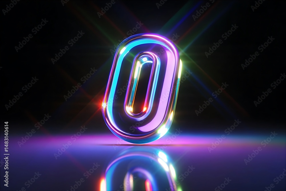 Aufkleber neon glowing number zero 3d render with colorful reflections