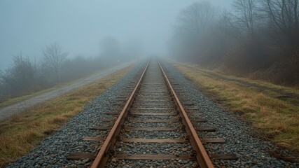 Railway Track Leading Through Dense Fog with Trees and Vegetation in a Moody Environment