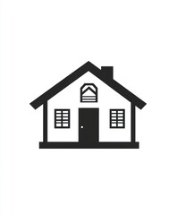 Black house icon pitched roof, gable vent, chimney, central door, two 4-pane windows