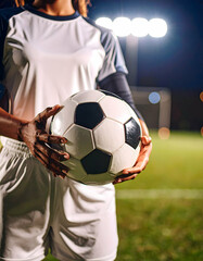 Soccer Player Holds Football on Grass Field at Night Under Bright Stadium Lights in White and Gray Uniform