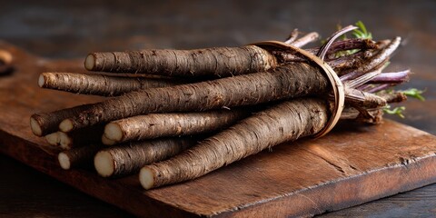 A bunch of dark brown salsify roots on a rustic wooden board.  Earthy tones and natural textures.
