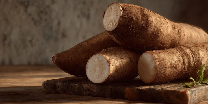 Close-up of several yuca roots on a rustic wooden board. The warm lighting and earthy tones create a natural and inviting feel.