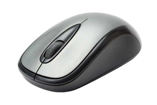 Wireless computer mouse with a sleek, ergonomic design and scroll wheel.