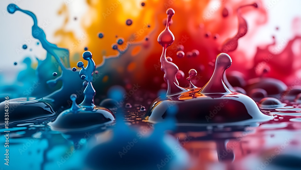 Aufkleber colorful paint splashes and water droplets in dynamic motion creating abstract artistic forms