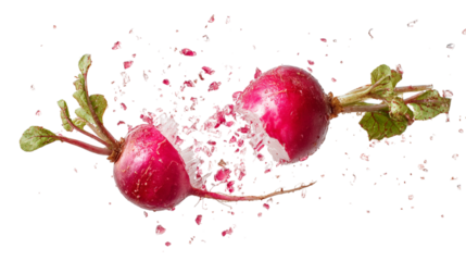 Vibrant red radishes exploding in mid air action shot fresh vegetables healthy food dietary ingredient cooking on transparent background eat