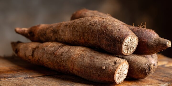 Close-up of several raw yuca roots on a wooden surface.  The earthy brown tones and textures are beautifully highlighted.