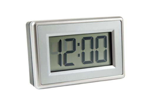 Digital clock displaying 12:00 with a rectangular silver frame and clear LCD screen.