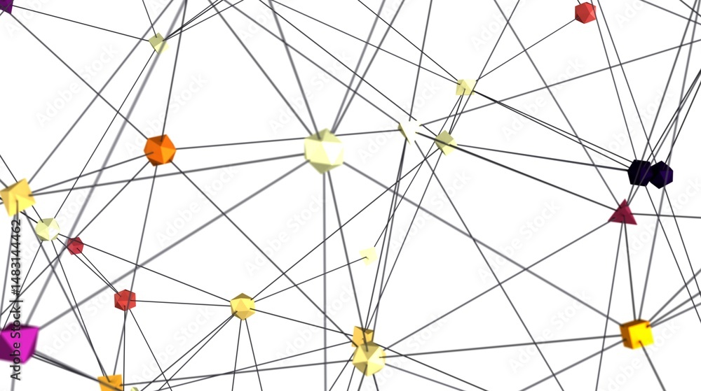Poster Stock photo of an abstract network connection with colorful nodes and lines.  Ideal for technology, communication, and connection concepts.