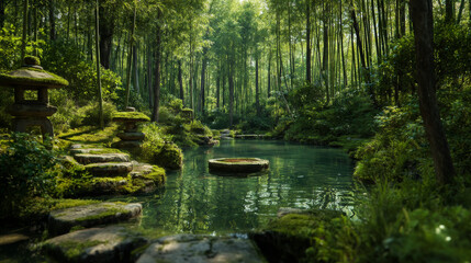  Japanese zen garden with a natural bamboo forest, not man-made, featuring a central shishi odoshi, positioned in the middle of a serene natural lake, creating a 'clack' sound as it fills with water.