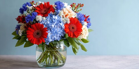photo of floral fourth of july bouquet in vase on solid background