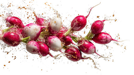 Fresh red radishes splashing in water vibrant healthy food photography image for cookbook website blog or magazine on transparent background