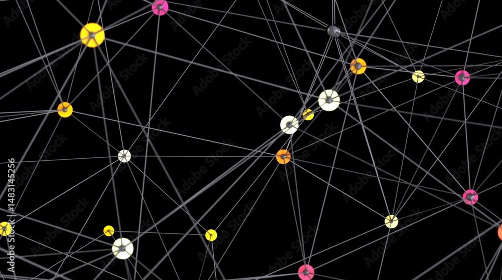 Poster colorful nodes connected by lines, representing network, technology, or connection.