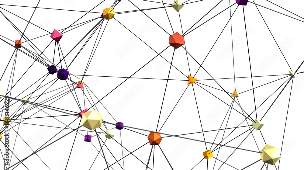Aufkleber 3D rendering of interconnected colorful geometric shapes, ideal for technology, network, or connection concepts.