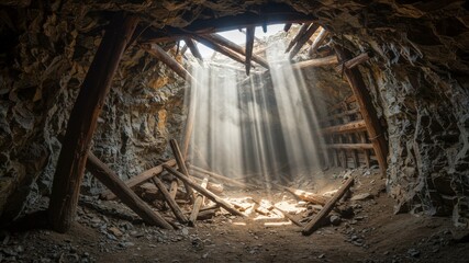 Sunlight Streaming Through Hole In A Decaying Wooden Structure Illuminating Interior of An Abandoned Mine