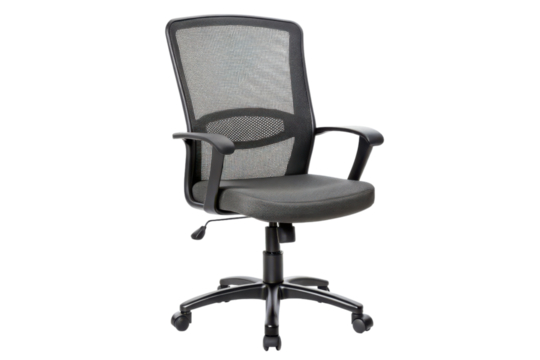 Ergonomic office chair with mesh backrest, cushioned seat, and adjustable armrests on swivel wheels.