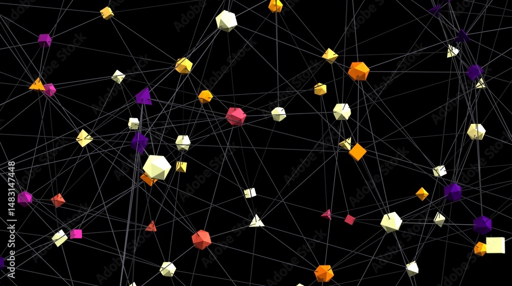 Poster Stock photo of an abstract network with colorful polygons and lines. Ideal for technology, connection, and network concepts.