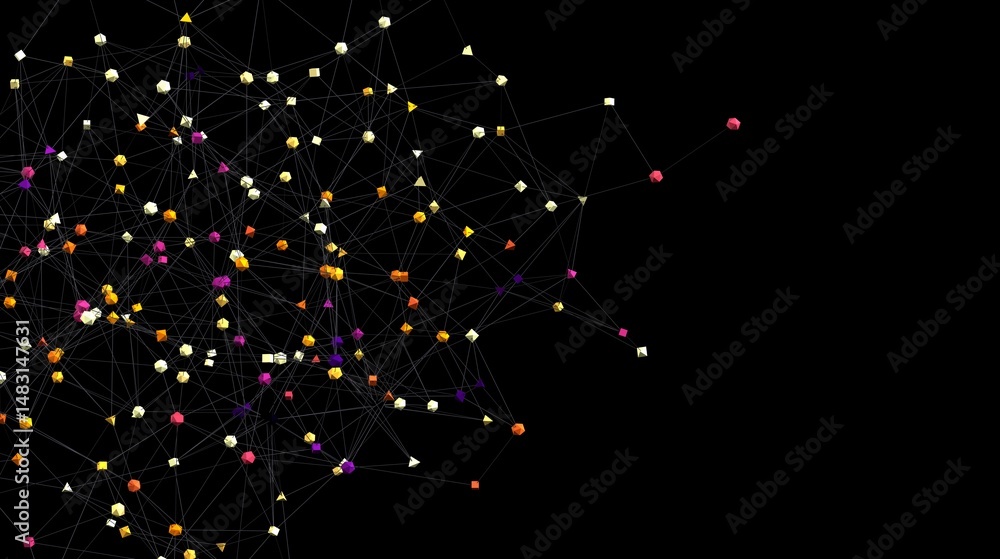 Poster Stock photo of an abstract network visualization with colorful nodes and connecting lines. Ideal for technology, connection, and data concepts.