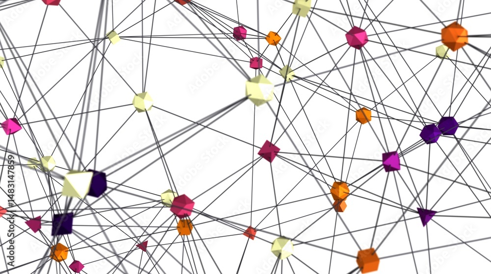 Poster Stock photo of interconnected colorful geometric shapes. Ideal for network, technology, and connection concepts.