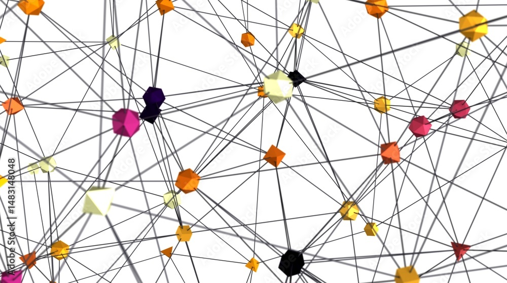 Fototapete Stock photo of a complex network with colorful nodes and connecting lines. Ideal for technology, connection, and communication concepts.