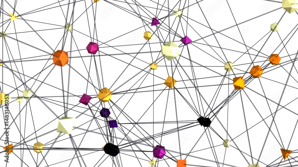 Poster Stock photo of a complex network with colorful nodes connected by lines. Ideal for technology, communication, and connection themes.