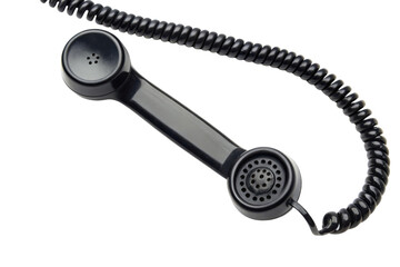Classic black telephone handset with a coiled cord, featuring a speaker and microphone at each end.