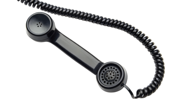 Classic black telephone handset with a coiled cord, featuring a speaker and microphone at each end.