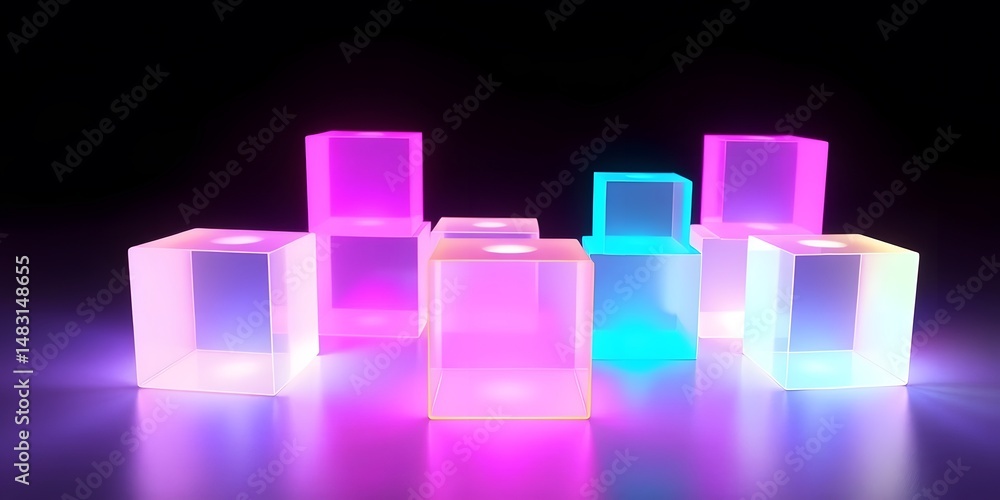 Poster glowing cubes abstract art. bright neon shapes, geometric forms. dark backdrop for modern designs. p
