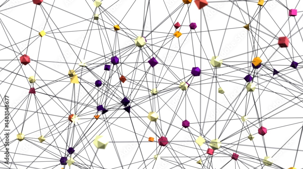 Poster Stock photo of an abstract network connection. Colorful polygons connected by lines. Ideal for technology, communication, and data concepts.