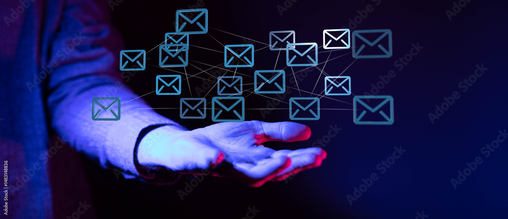Aufkleber Abstract image of interconnected email icons above a hand, symbolizing global communication and networking.