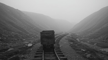 Vintage Train Traveling Through Rocky Mountain Pass in Black And White Landscape