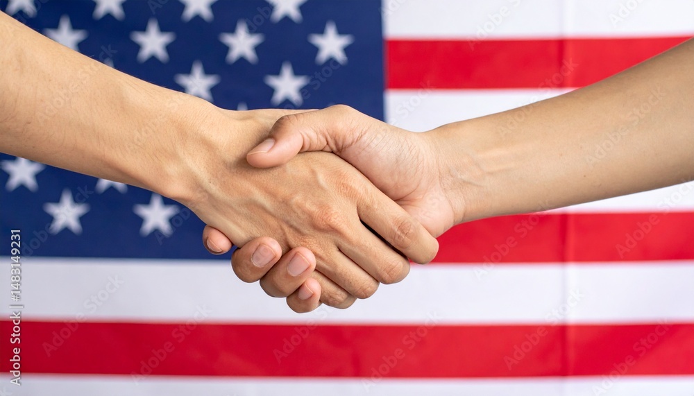 Poster a handshake symbolizing unity and agreement, set against the backdrop of the american flag. this ima