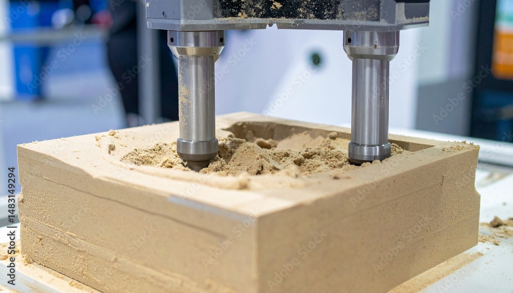 Poster the intricate work of a cnc machine carving a detailed shape into a block of material
